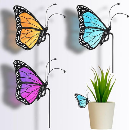 3 Pcs Stained Glass Butterfly Suncatcher Flower Pot Decoration Metal Plant Pot Hangers Colorful Butterfly Garden Yard Suncatcher Decor for Spring Home Indoor Outdoor Decor