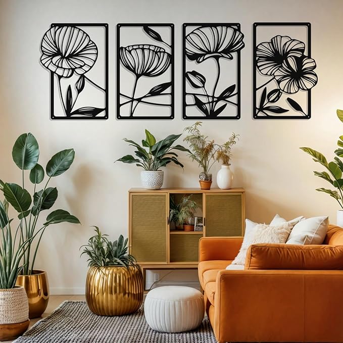 Metal Flowers Wall Art Set of 4, Black Framed Floral Decor for Living Room, Bedroom, Bathroom, Hallway, Minimalist Home Decor - 15.75″ x 9.5″