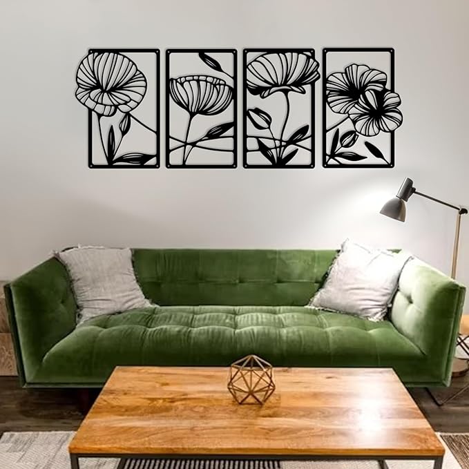 Metal Flowers Wall Art Set of 4, Black Framed Floral Decor for Living Room, Bedroom, Bathroom, Hallway, Minimalist Home Decor - 15.75″ x 9.5″