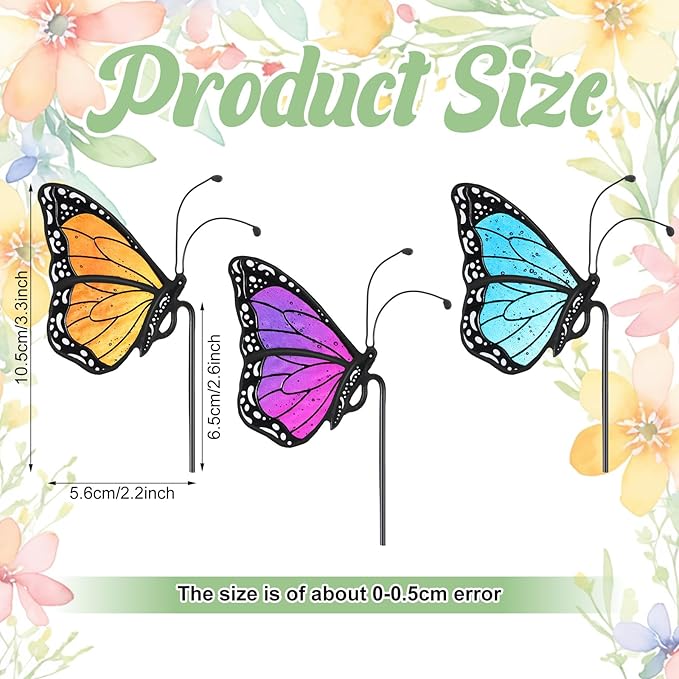 3 Pcs Stained Glass Butterfly Suncatcher Flower Pot Decoration Metal Plant Pot Hangers Colorful Butterfly Garden Yard Suncatcher Decor for Spring Home Indoor Outdoor Decor