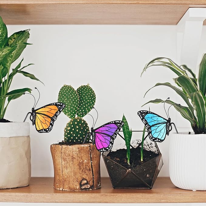 3 Pcs Stained Glass Butterfly Suncatcher Flower Pot Decoration Metal Plant Pot Hangers Colorful Butterfly Garden Yard Suncatcher Decor for Spring Home Indoor Outdoor Decor