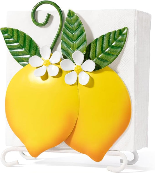 Lemon Napkin Holder for Table - Tissue Holder for Spring Home Decor, Vintage Home Yellow Kitchen Counter Decor and Accessories, Lemon Housewarming Gifts for Women, 3D Handmade Pattern, Metal