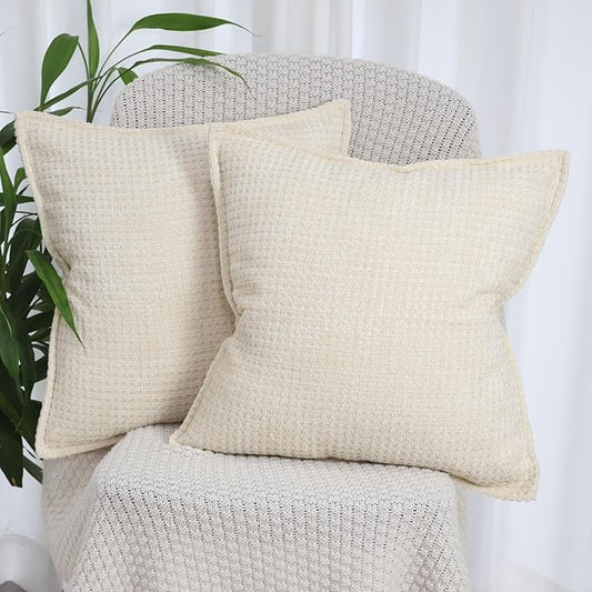 Set of 2 Decorative Chenille Checkered Throw Pillow Covers 18x18 Beige Neutral Farmhouse Vintage Cushion Covers Modern Boho Pillowcases for Sofa Couch Bedroom Living Room Home Decor