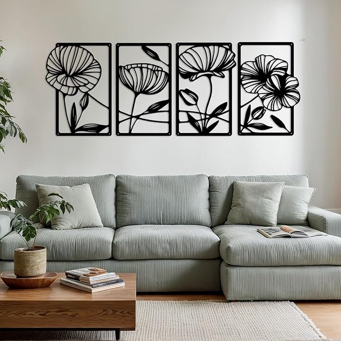 Metal Flowers Wall Art Set of 4, Black Framed Floral Decor for Living Room, Bedroom, Bathroom, Hallway, Minimalist Home Decor - 15.75″ x 9.5″
