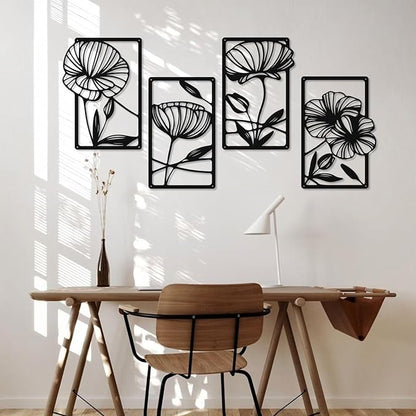 Metal Flowers Wall Art Set of 4, Black Framed Floral Decor for Living Room, Bedroom, Bathroom, Hallway, Minimalist Home Decor - 15.75″ x 9.5″