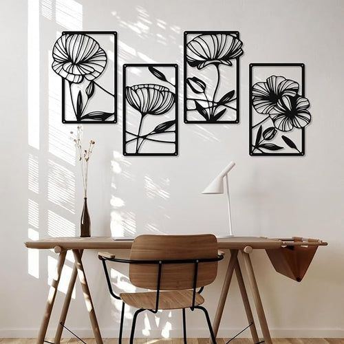 Metal Flowers Wall Art Set of 4, Black Framed Floral Decor for Living Room, Bedroom, Bathroom, Hallway, Minimalist Home Decor - 15.75″ x 9.5″