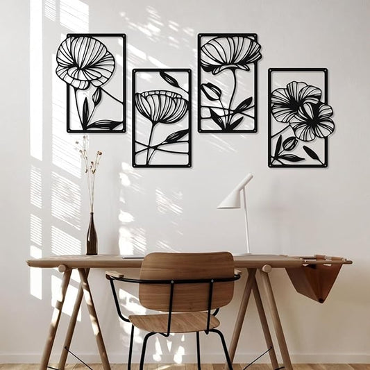 Metal Flowers Wall Art Set of 4, Black Framed Floral Decor for Living Room, Bedroom, Bathroom, Hallway, Minimalist Home Decor - 15.75″ x 9.5″