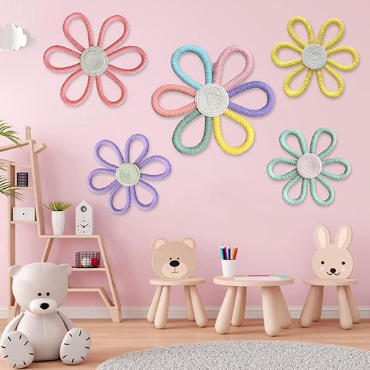 5 Pcs Daisy Flower Wall Decor 3 Size Woven Floral Art Wall Hanging Supply for Boy Girl Multicolors Bohemian Home Bedroom Room Decorations