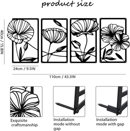 Metal Flowers Wall Art Set of 4, Black Framed Floral Decor for Living Room, Bedroom, Bathroom, Hallway, Minimalist Home Decor - 15.75″ x 9.5″