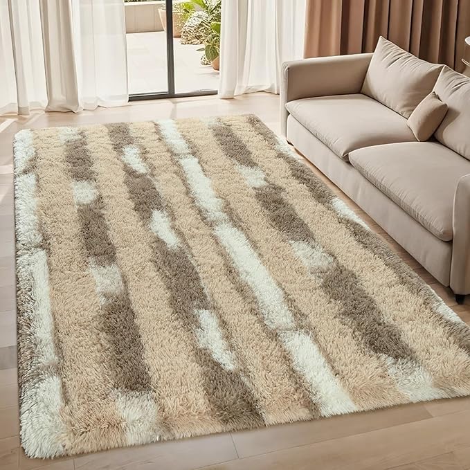 Fluffy Beige Shag Striped Area Rug, 4x6 Feet Rectangle Plush Fuzzy Rugs for Living Room, Soft Shaggy Carpets for Bedroom, Indoor Non Slip Washable Carpet Girls Kids Room Home Decor