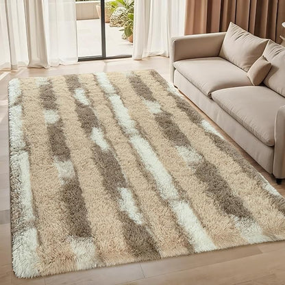 Fluffy Beige Shag Striped Area Rug, 4x6 Feet Rectangle Plush Fuzzy Rugs for Living Room, Soft Shaggy Carpets for Bedroom, Indoor Non Slip Washable Carpet Girls Kids Room Home Decor