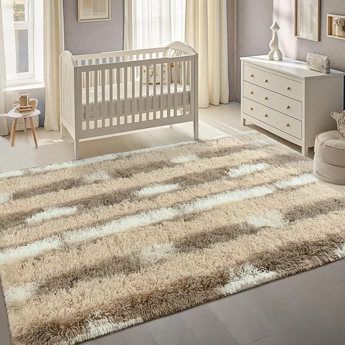 Fluffy Beige Shag Striped Area Rug, 4x6 Feet Rectangle Plush Fuzzy Rugs for Living Room, Soft Shaggy Carpets for Bedroom, Indoor Non Slip Washable Carpet Girls Kids Room Home Decor