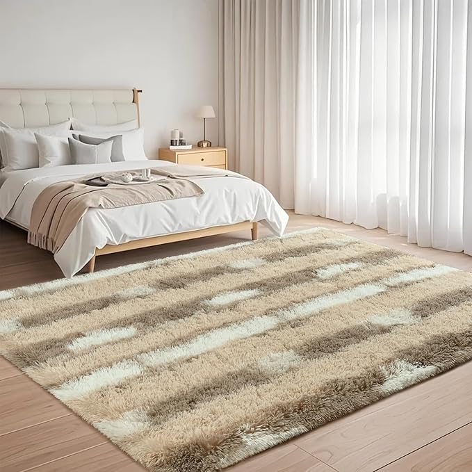 Fluffy Beige Shag Striped Area Rug, 4x6 Feet Rectangle Plush Fuzzy Rugs for Living Room, Soft Shaggy Carpets for Bedroom, Indoor Non Slip Washable Carpet Girls Kids Room Home Decor