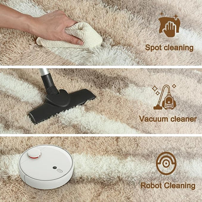 Fluffy Beige Shag Striped Area Rug, 4x6 Feet Rectangle Plush Fuzzy Rugs for Living Room, Soft Shaggy Carpets for Bedroom, Indoor Non Slip Washable Carpet Girls Kids Room Home Decor