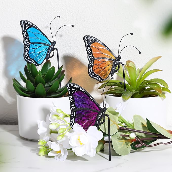 3 Pcs Stained Glass Butterfly Suncatcher Flower Pot Decoration Metal Plant Pot Hangers Colorful Butterfly Garden Yard Suncatcher Decor for Spring Home Indoor Outdoor Decor