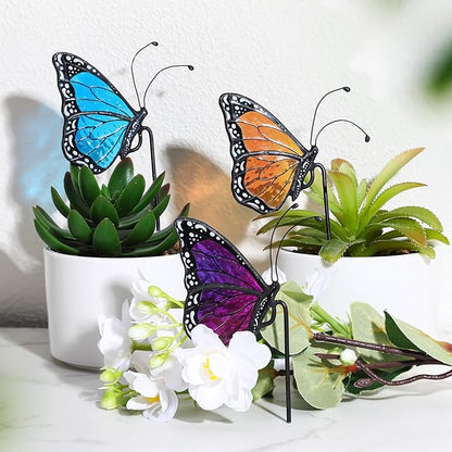 3 Pcs Stained Glass Butterfly Suncatcher Flower Pot Decoration Metal Plant Pot Hangers Colorful Butterfly Garden Yard Suncatcher Decor for Spring Home Indoor Outdoor Decor
