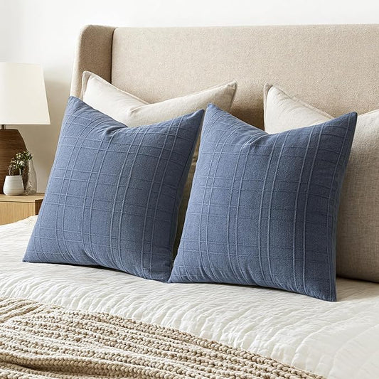 Decorative Linen Check Throw Pillow Covers Neutral Farmhouse Vintage Pillow Covers 20x20 Inch Set of 2 Boho Modern Home Decor for Sofa Couch Bedroom Cushion Chair Blue
