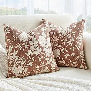 Floral Throw Pillow Covers 18x18 Set of 2,Vintage Farmhouse Cushion Covers,Patterned Jacquard Chenille Decorative Pillowcases for Sofa,Bed,Living Room Decor (Brown)